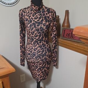 PrettyLittleThing Black and Brown Animal Print Long Sleeve Dress